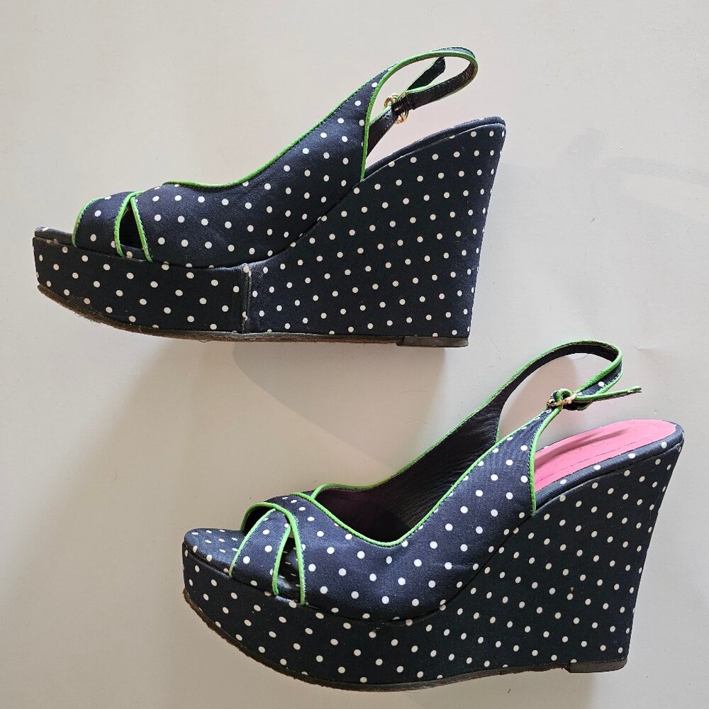 8.5 Lilly Pulitzer Peep Toe Wedge Slingback Sandals Lily Navy Blue Polka…